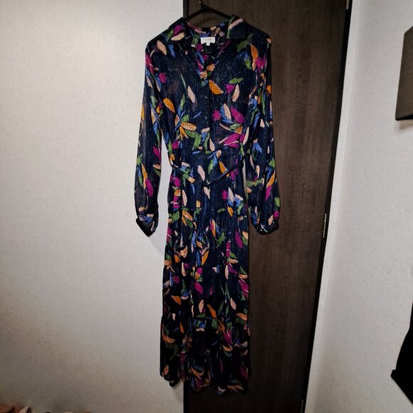 Grace & Mila Blue Foral Sheer Tiered V-Neckline Long Sleeve Dress - Picture 1 of 5
